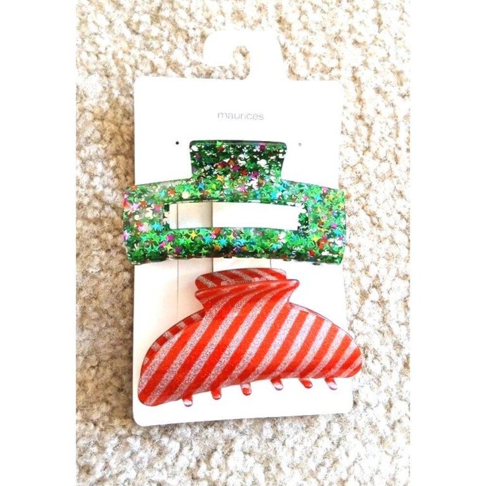 2 Maurices Red & Silver Candy Cane Striped and Confetti Glitter Green Hair Clips